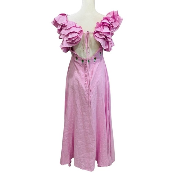 FANM MON XS Aster Pink Demre Linen Embroidered Maxi Dress Ruffle Sleeve NWT $357 - Picture 8 of 12